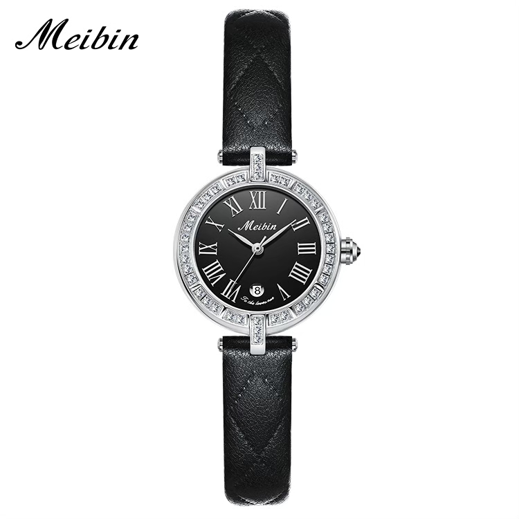 【Mebin 美賓】晶鑽錶殼 羅馬大數字時標 帶日期 皮革腕錶