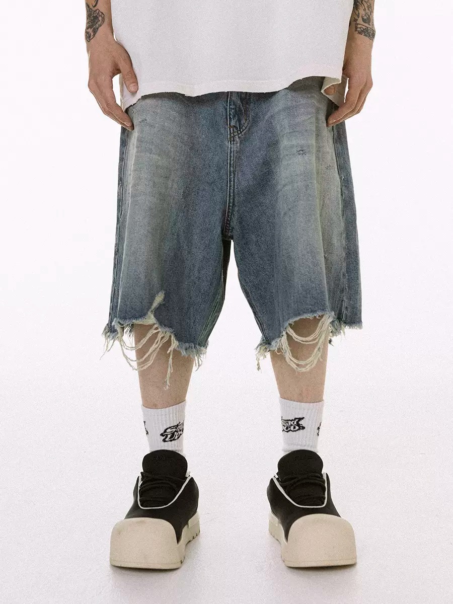 ROCKSTA 藍色做舊水洗破壞休閒牛仔短褲