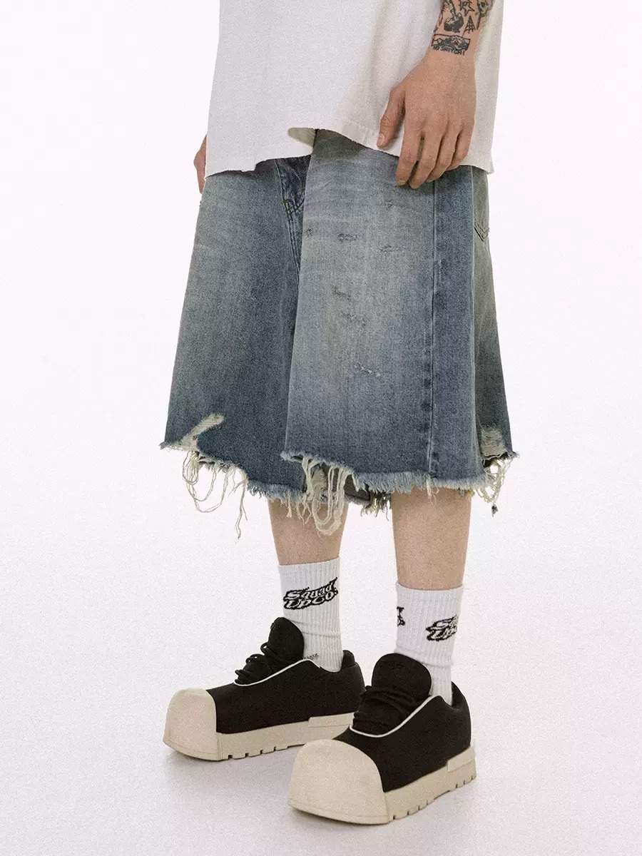 ROCKSTA 藍色做舊水洗破壞休閒牛仔短褲