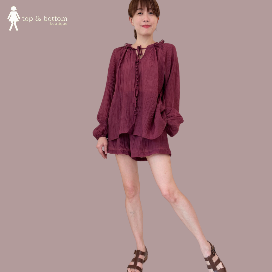 L/SLEEVE SHEER BLOUSE & SHORTS SET SUIT (2 PCS)