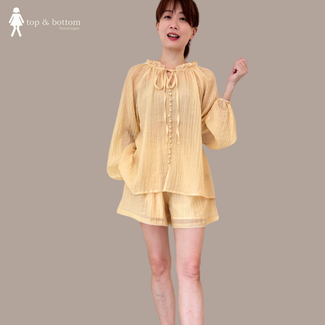 L/SLEEVE SHEER BLOUSE & SHORTS SET SUIT (2 PCS)