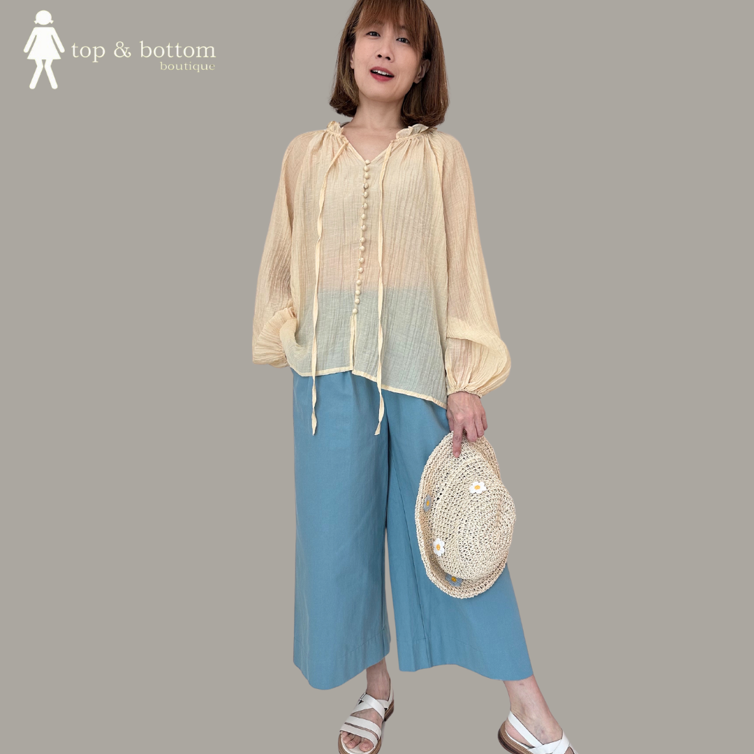 L/SLEEVE SHEER BLOUSE & SHORTS SET SUIT (2 PCS)