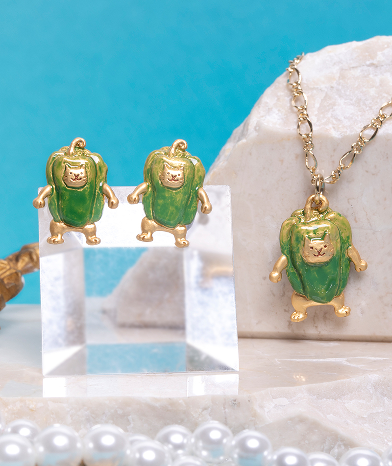 穿著青椒服裝的貓咪耳環/頸鏈