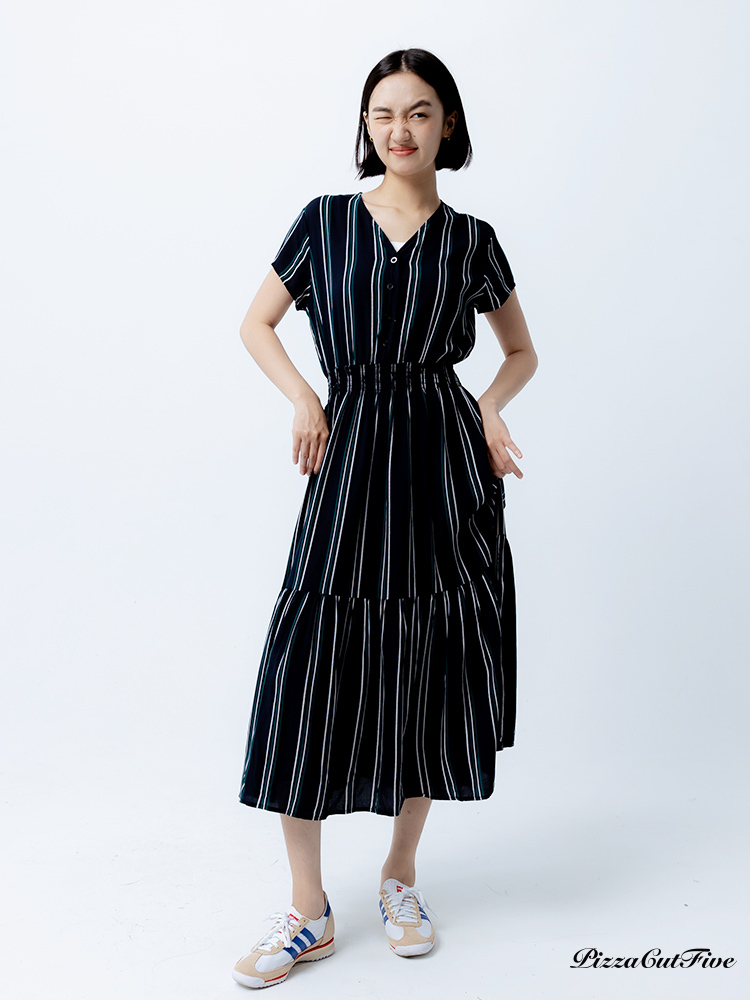 [兩件1580｜涼感洋裝]條紋短袖縮腰洋裝 PizzaCutFive PCF252485089