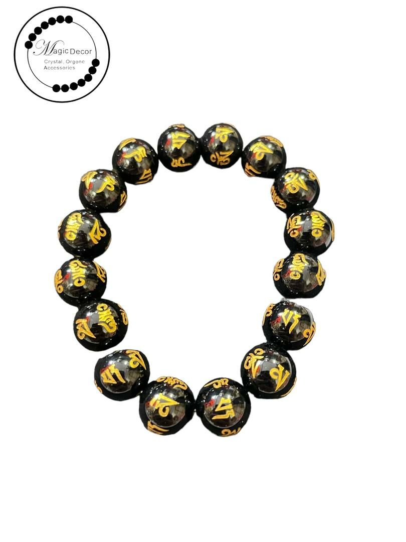 250815 - B32 12mm+六字真言描金工藝黑瑪瑙手串
