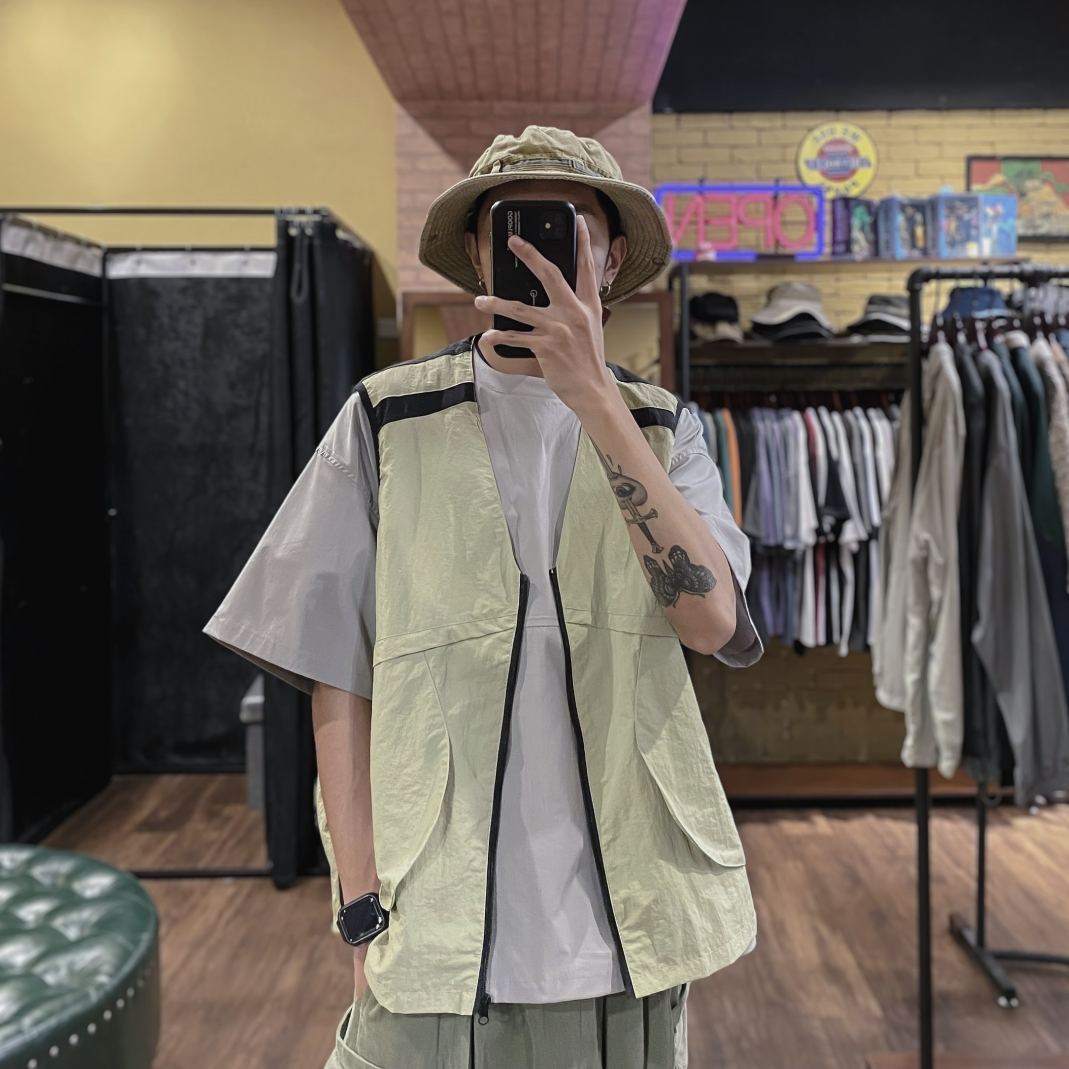 日系撞色插袋網眼背心