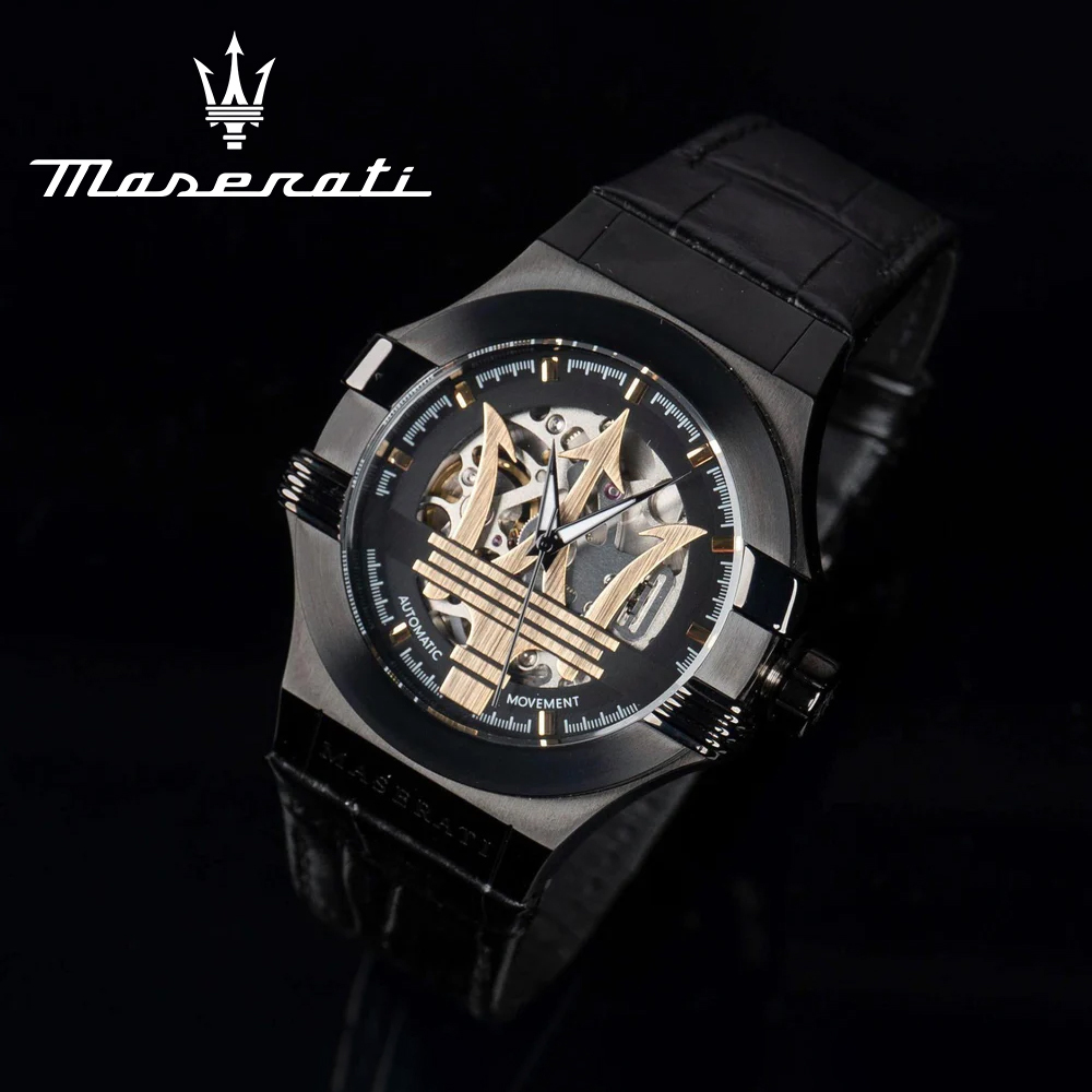 (預購)【Maserati 瑪莎拉蒂】Potenza 力霸羣雄 R8821108036尊爵黑 鏤空夜光真皮機械 手錶