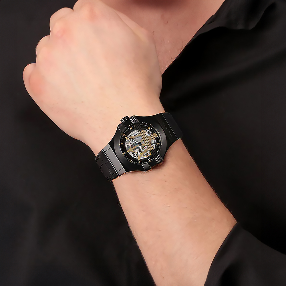 (預購)【Maserati 瑪莎拉蒂】Potenza 力霸羣雄 R8821108036尊爵黑 鏤空夜光真皮機械 手錶