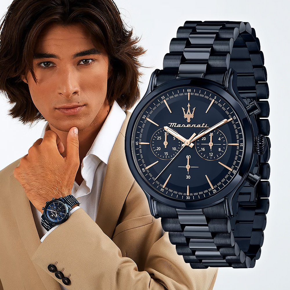 【Maserati 瑪莎拉蒂】Epoca 新紀元 R8873618032 深藍英倫紳士古典真三眼日期夜光手錶