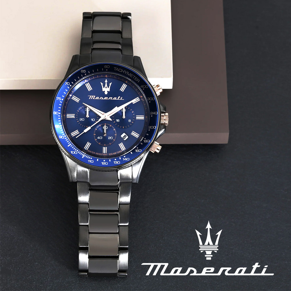 【Maserati 瑪莎拉蒂】Sfida 無畏迎戰 R8873640001 三眼計時夜光日期槍灰色不鏽鋼腕錶