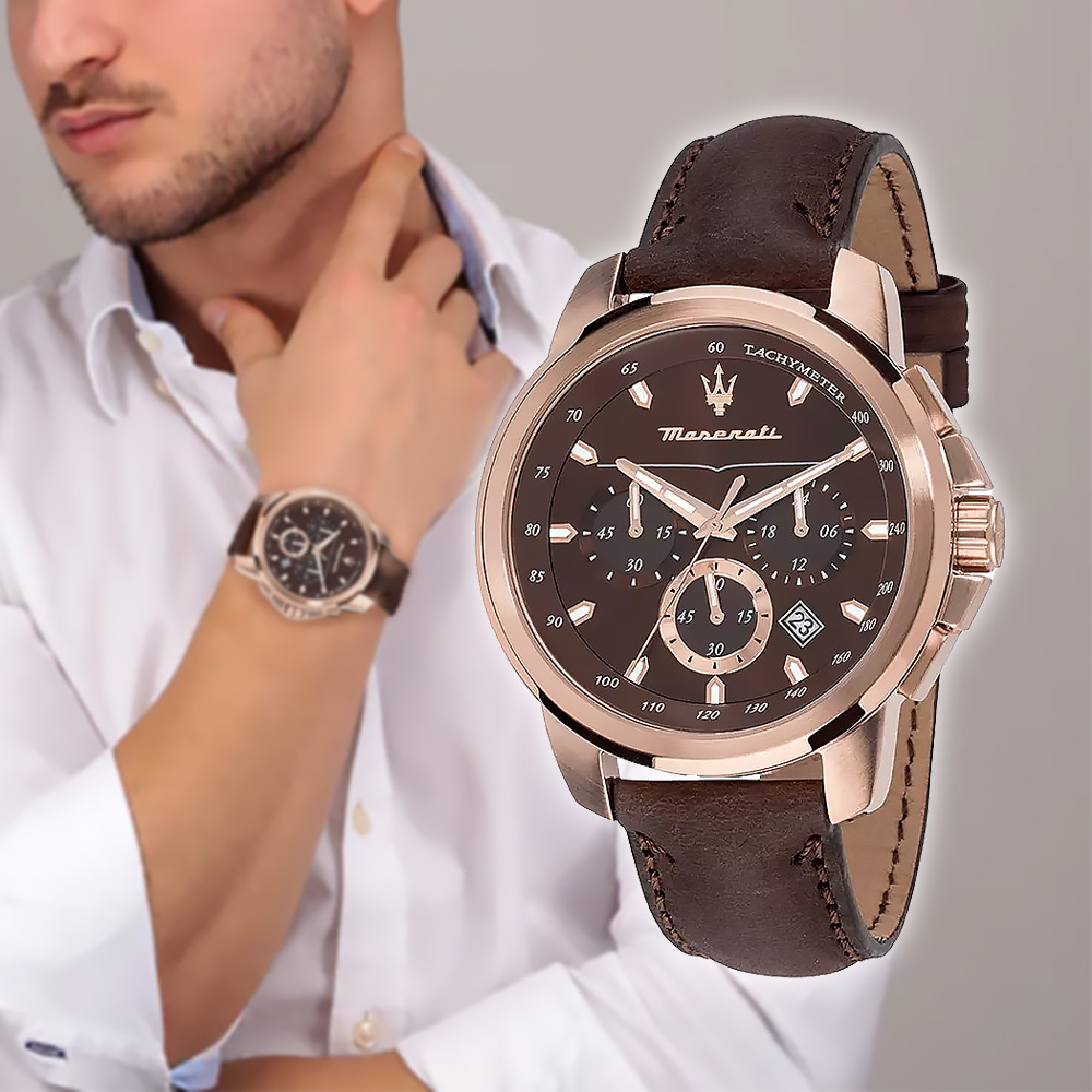 【Maserati 瑪莎拉蒂】Successo輝煌成就系列 R8871621004 復古懷舊真三眼日皮革手錶