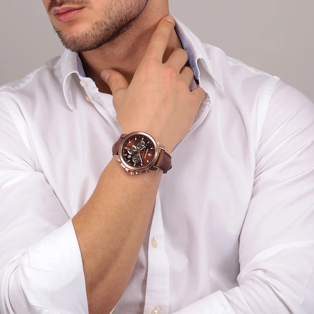 【Maserati 瑪莎拉蒂】Successo輝煌成就系列 R8871621004 復古懷舊真三眼日皮革手錶