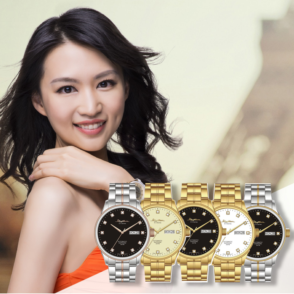 【RHYTHM 麗聲】日本鑲嵌鋯鑽時標三針日期星期顯示不鏽鋼機械錶-AS1612