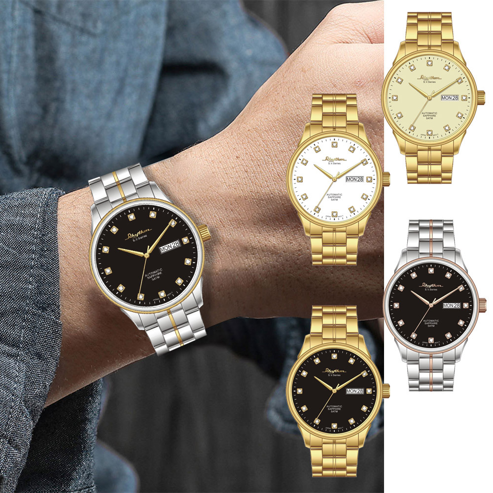 【RHYTHM 麗聲】日本鑲嵌鋯鑽時標三針日期星期顯示不鏽鋼機械錶-AS1612