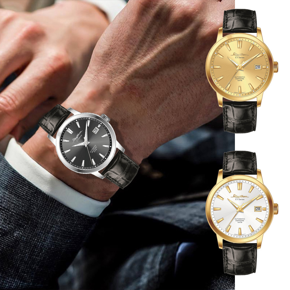 【RHYTHM 麗聲】日本高貴高調三針日期顯示皮革機械錶-AS1621(休閒機械錶)