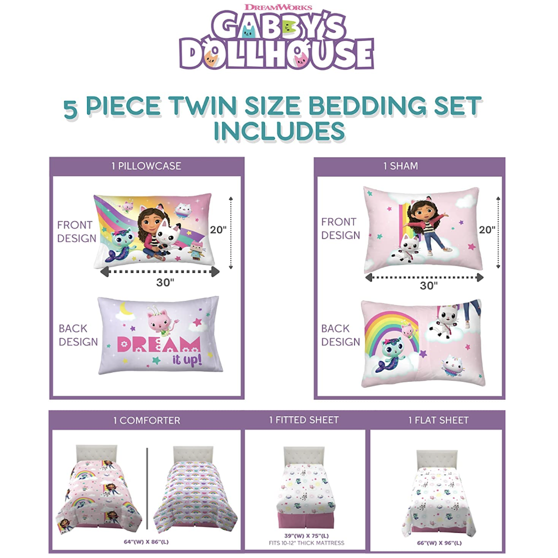 美國 Gabby's Dollhouse 5 件裝床上套裝 (單人床)