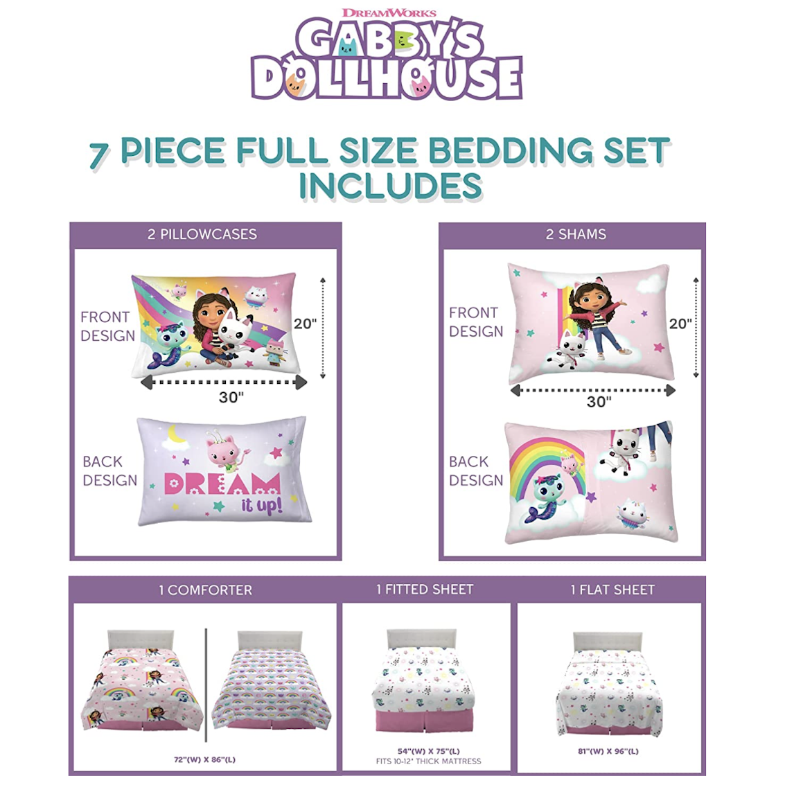 美國 Gabby's Dollhouse 7 件裝床上套裝 (雙人床)