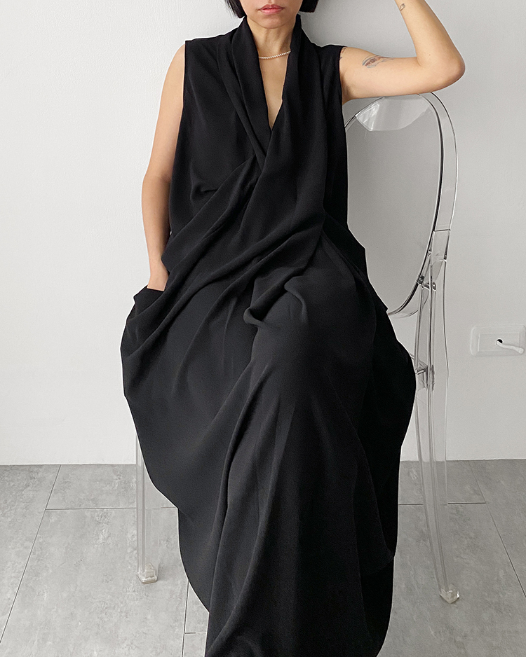 MFD-2573 垂墜V領洋裝 ʙʟᴀᴄᴋ