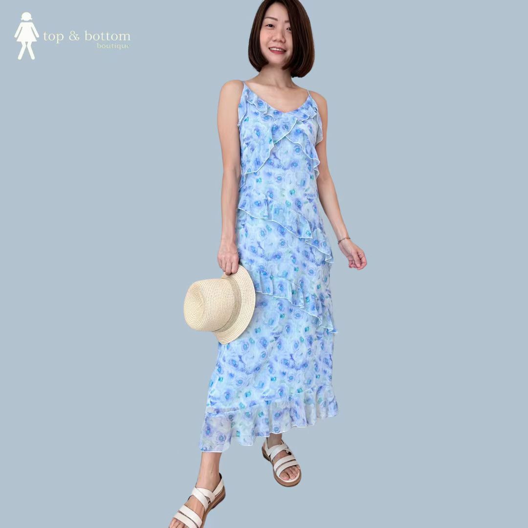 STRAP PRINT CHIFFON FRILLS DRESS