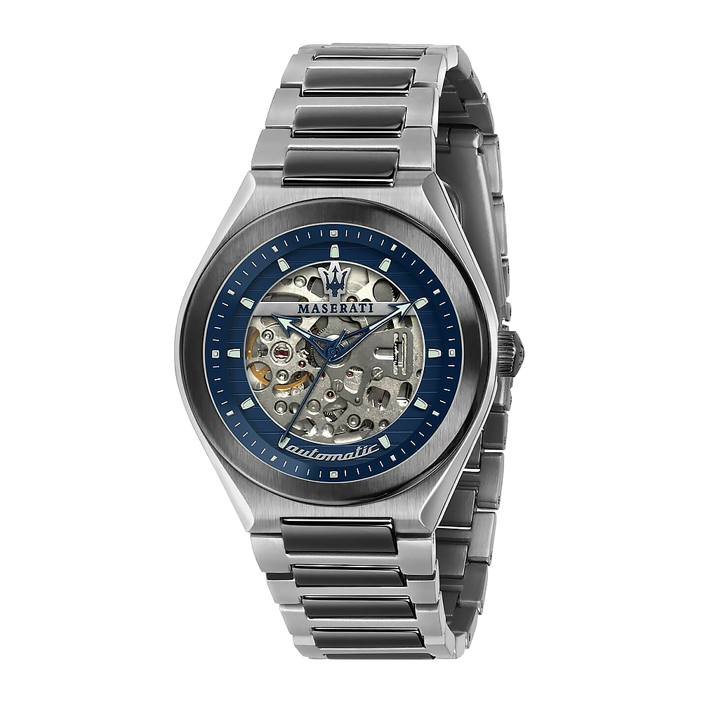 【Maserati 瑪莎拉蒂】TRICONIC R8823139003 夜空藍 復古紳士線條鏤空夜光 自動機械 不鏽鋼 手錶