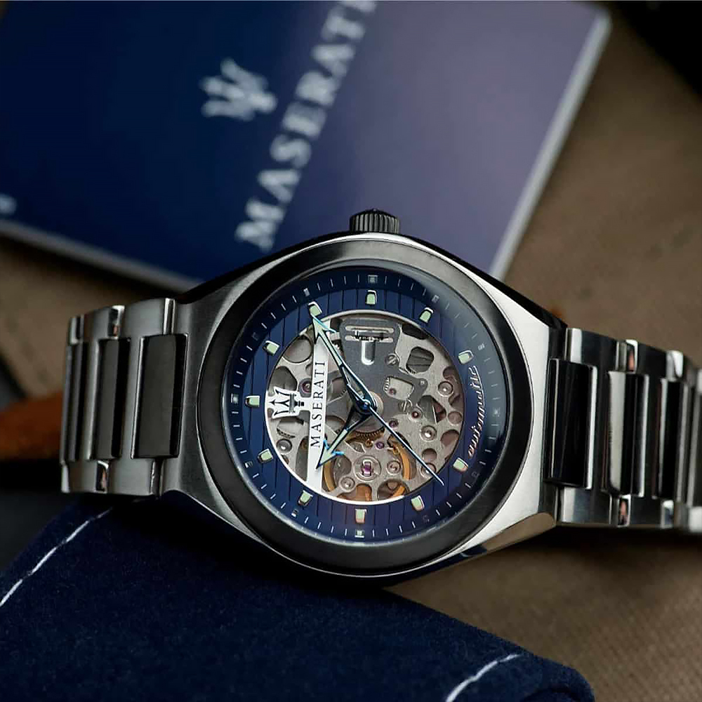 【Maserati 瑪莎拉蒂】TRICONIC R8823139003 夜空藍 復古紳士線條鏤空夜光 自動機械 不鏽鋼 手錶