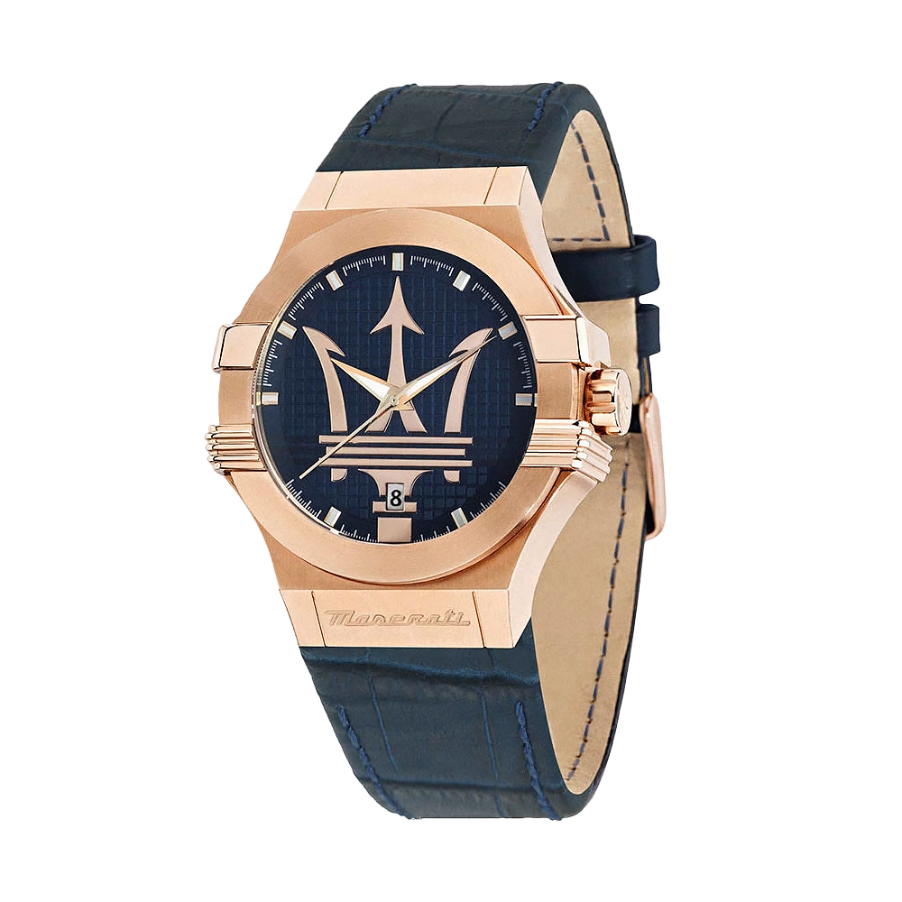 【Maserati 瑪莎拉蒂】Potenza R8851108027 藍金 經典 LOGO 高調 奢華 日期 夜光 不鏽鋼皮革 手錶