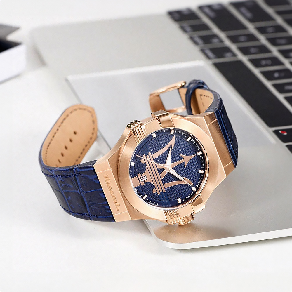 【Maserati 瑪莎拉蒂】Potenza R8851108027 藍金 經典 LOGO 高調 奢華 日期 夜光 不鏽鋼皮革 手錶