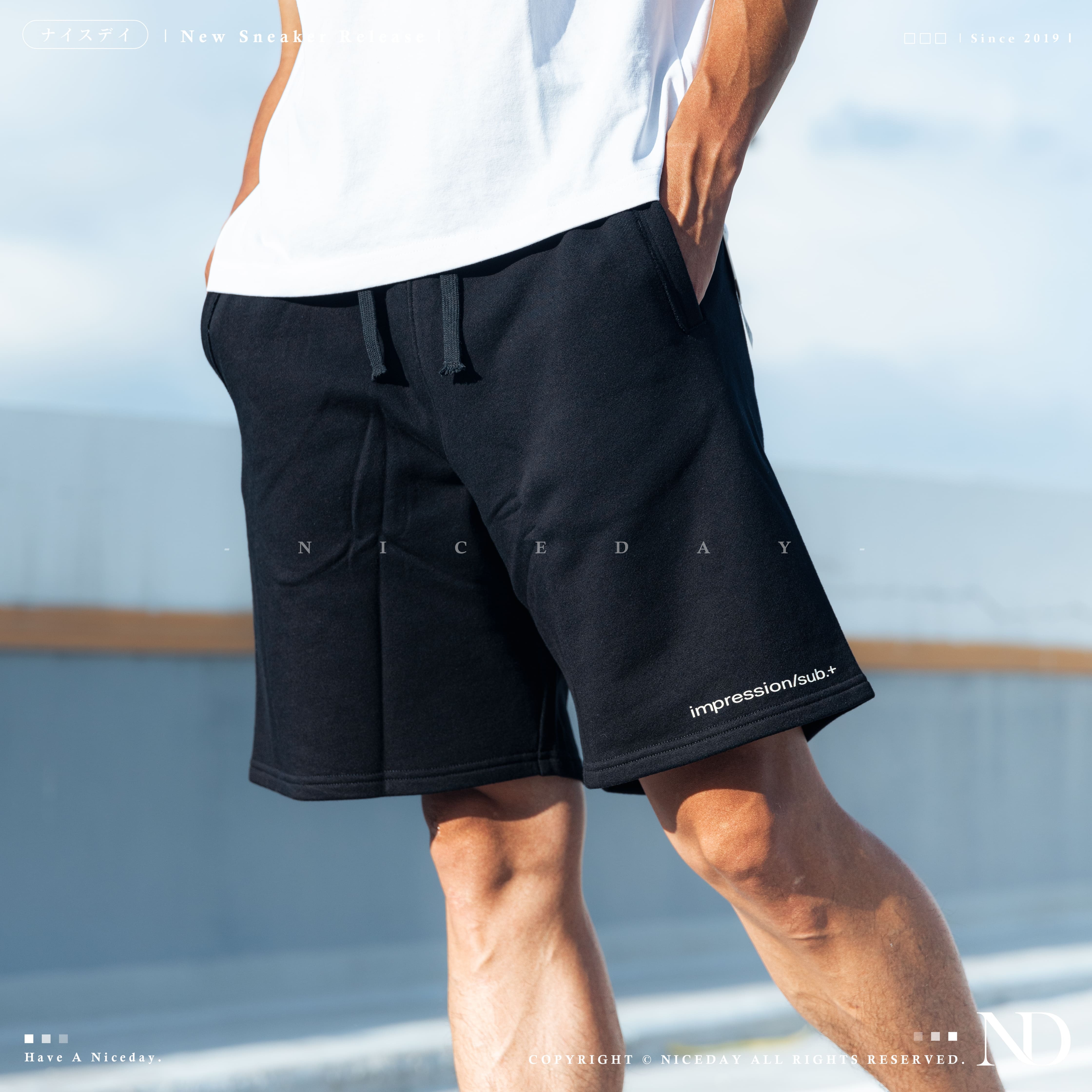 NICEDAY 現貨 服飾 IMPRESSION SUB+ 美式 logo 短褲 重磅 棉褲 黑色 米白色