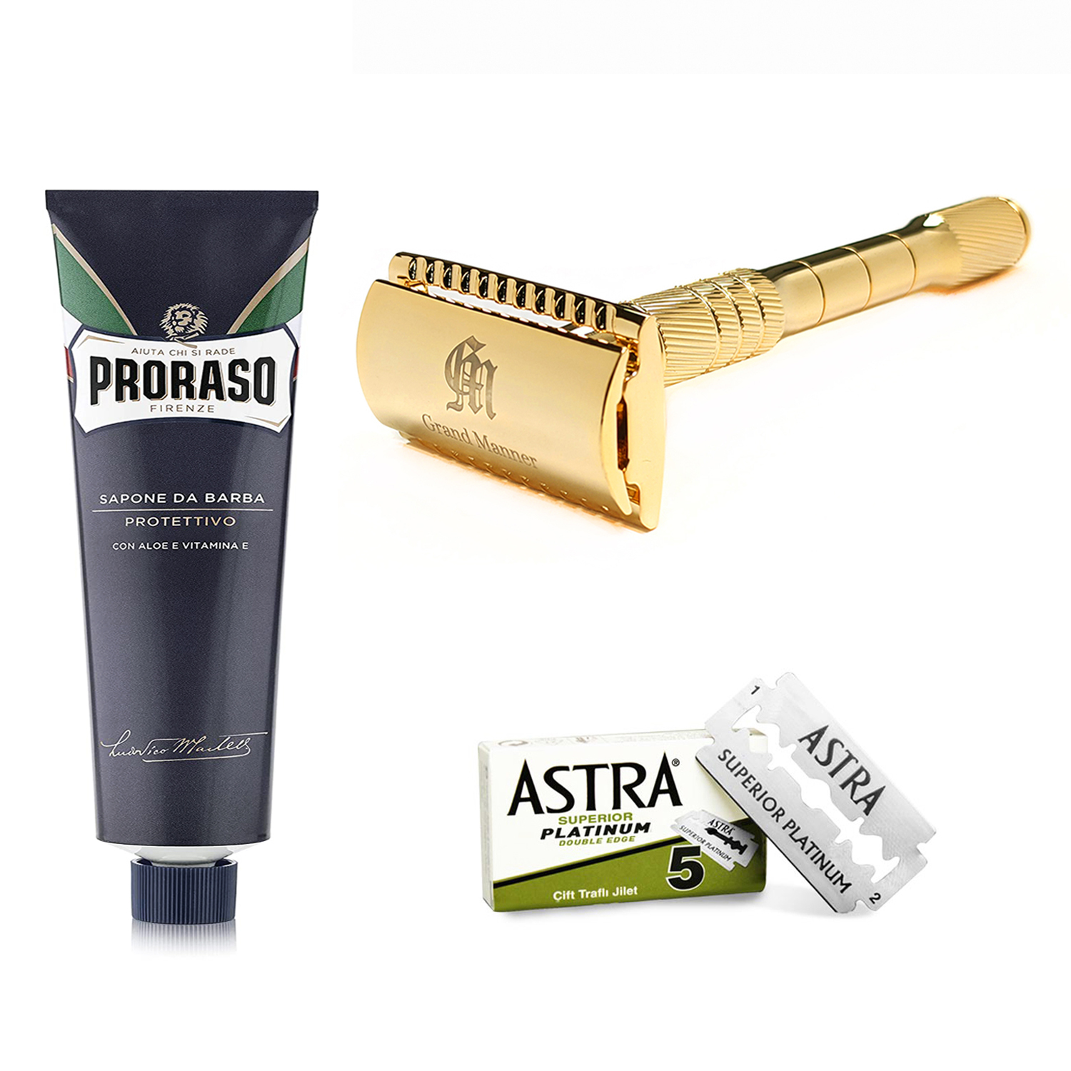 英國 Grand Manner 皇家系列 雙面安全手動刮鬍刀 3件組（24K金 / 傳統老式雙刃刮鬍刀片）