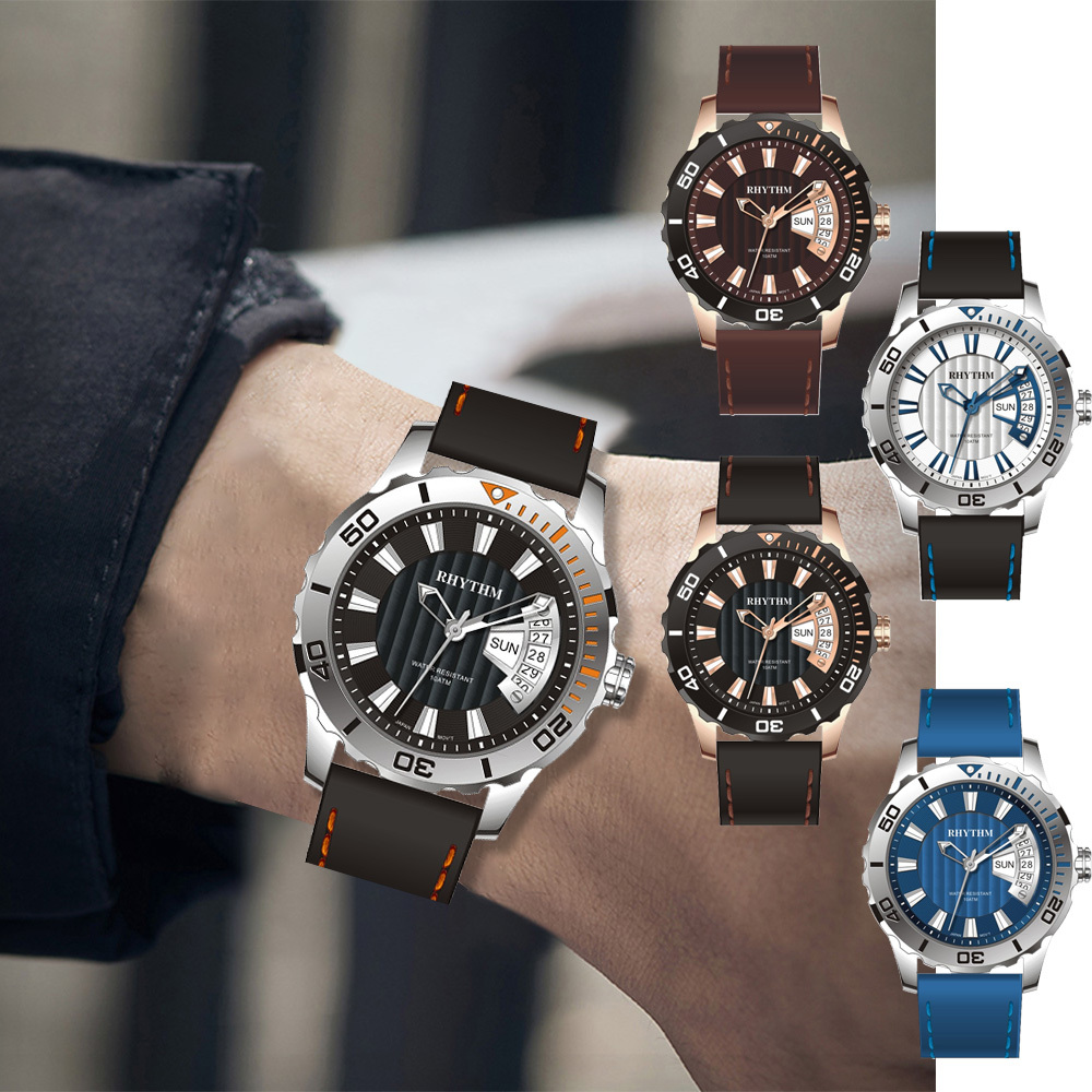 【RHYTHM 麗聲】TQ1701 賽車風格 日期顯示 親膚 橡膠錶帶 潛水錶