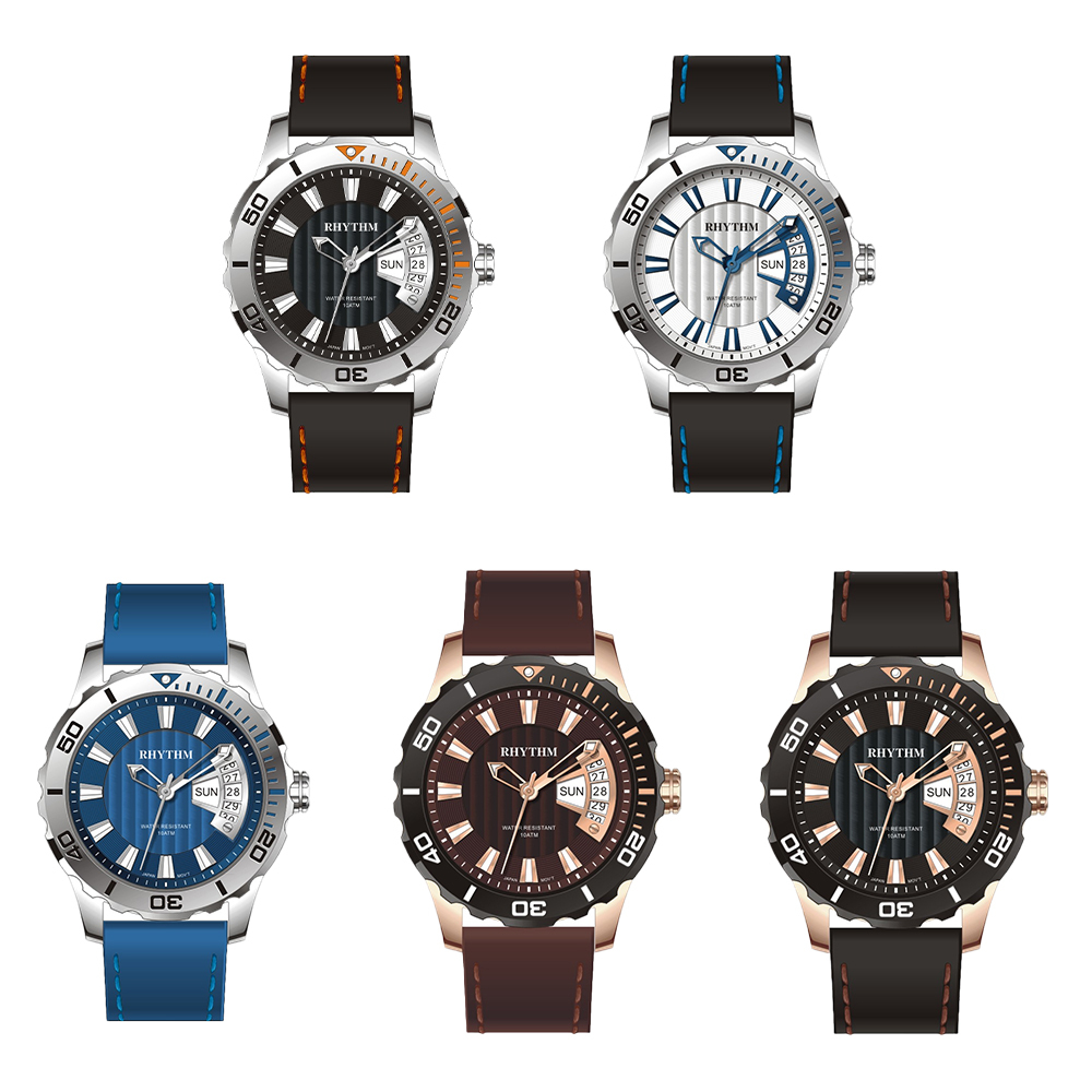 【RHYTHM 麗聲】TQ1701 賽車風格 日期顯示 親膚 橡膠錶帶 潛水錶