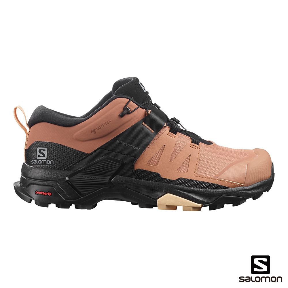 [零碼出清]Salomon X ULTRA 4 Goretex 女款 低筒登山鞋 防水健行鞋 412897 摩卡棕/黑/杏仁粉 [HappyOutdoor]
