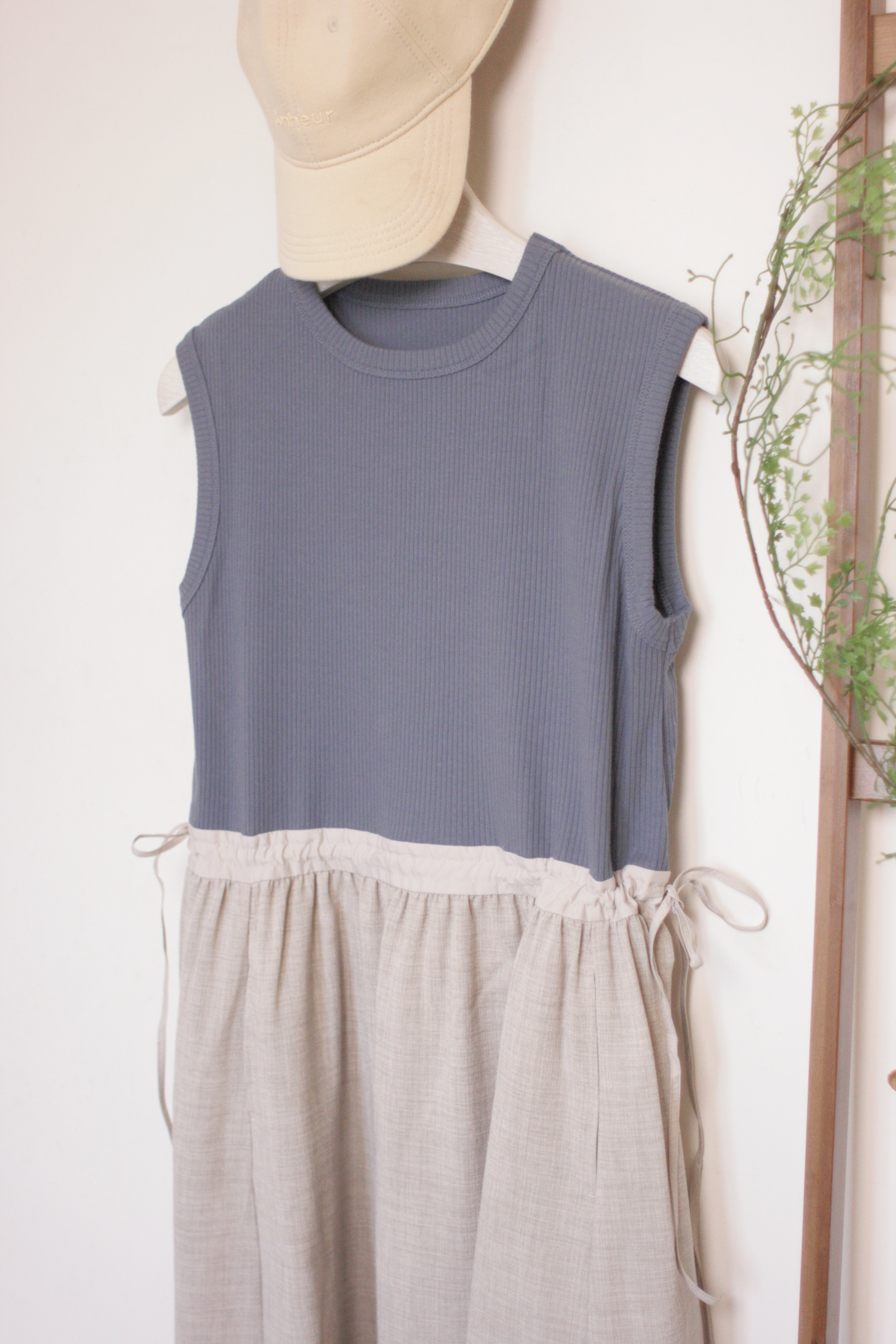 天藍色羅紋Ｘ米色仿阿麻撞色連身裙｛日本直送｝