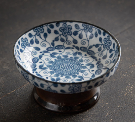 爆款迷你青花高腳茶點盤(薔薇)(尺寸:寬9CM*高4.3CM)