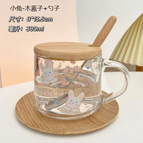 新款透明玻璃水杯（小兔【木蓋子+勺子】)
