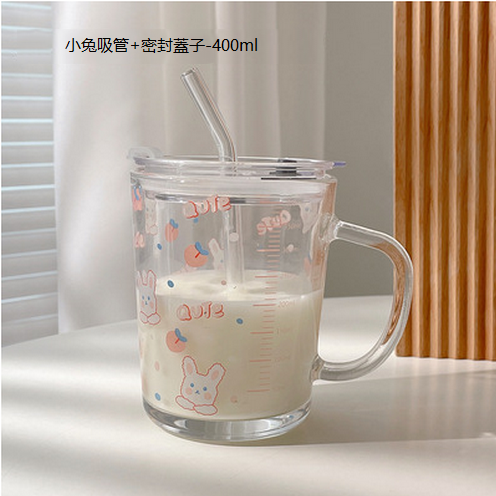 新款透明玻璃水杯（小兔（玻璃吸管+密封蓋子）-400ml)