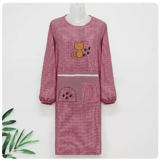 Hot Selling Long Sleeve Apron [Long Sleeve Embroidered Cat-Dark Red]
