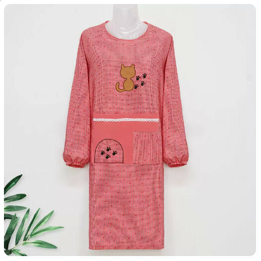Hot selling long-sleeved apron [long-sleeved embroidered cat-maroon]