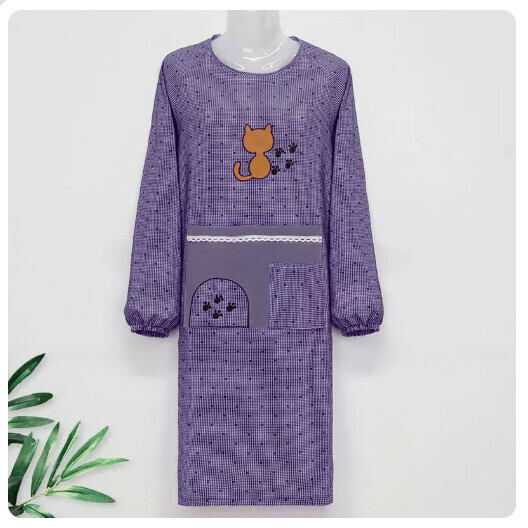 Hot Selling Long Sleeve Apron [Long Sleeve Embroidered Cat-Purple]