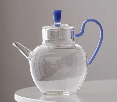 Hot selling simple heat-resistant glass teapot with filter and teapot (ice crystal blue) (size: length 14.2CM*width 13.5CM*capacity: about 400ML)