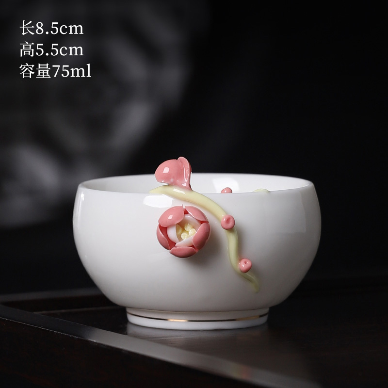 Hot selling high-end ceramic pinch flower tea cup white porcelain small tea cup (08 Yanruo peach and plum pinch flower cup)