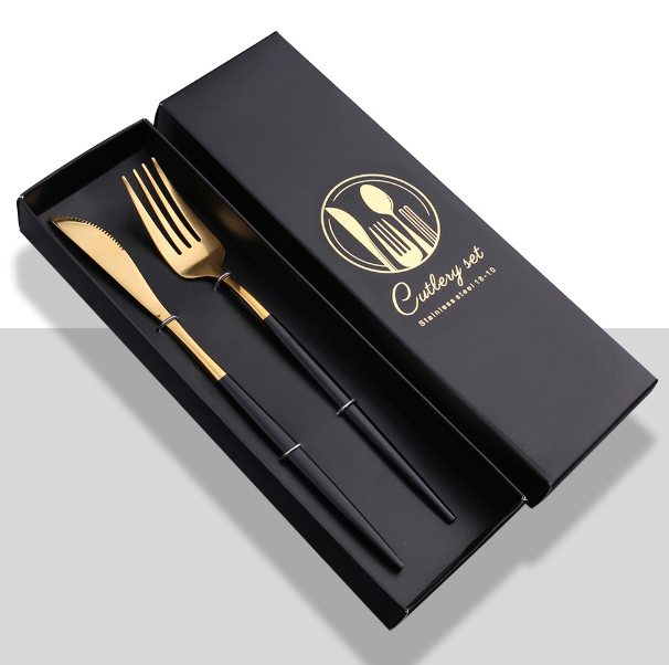 Popular stainless steel glossy mirror spoon tableware set (black gold knife and fork + black box)