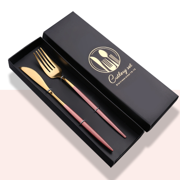 Popular stainless steel glossy mirror spoon tableware set (pink gold knife and fork + black box)