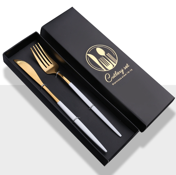Popular stainless steel bright mirror spoon tableware set (platinum knife and fork + black box)