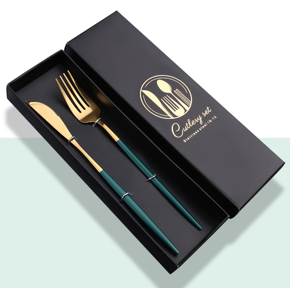 Popular stainless steel bright mirror spoon tableware set (green gold knife and fork + black box)
