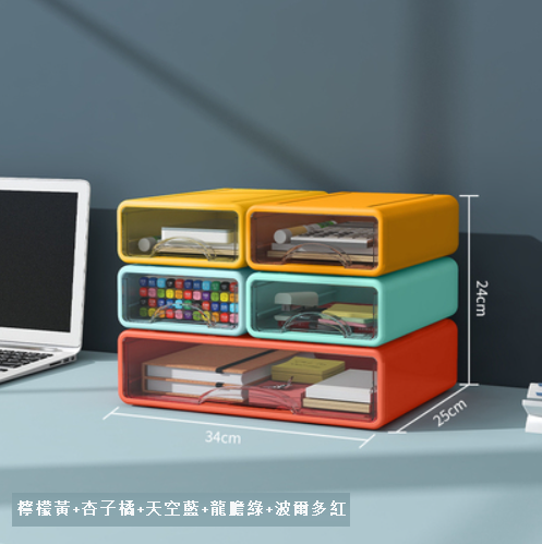 Popular model [pack of 5, 4 small and 1 large] household plastic transparent drawer-type debris storage box (lemon yellow + apricot orange + sky blue + gentian green + Bordeaux red)
