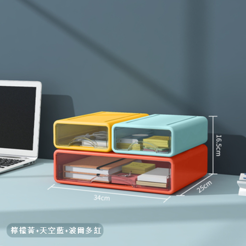 Popular model [pack of 3, 2 small and 1 large] household plastic transparent drawer-type debris storage box (yellow + blue + dark red)