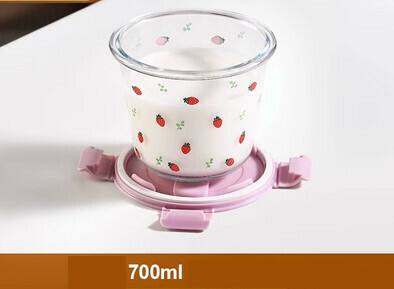 Popular crisper portable leak-proof soup box glass soup bowl (Specification: [Strawberry Style] 700ml+Sakura Pink Lid)