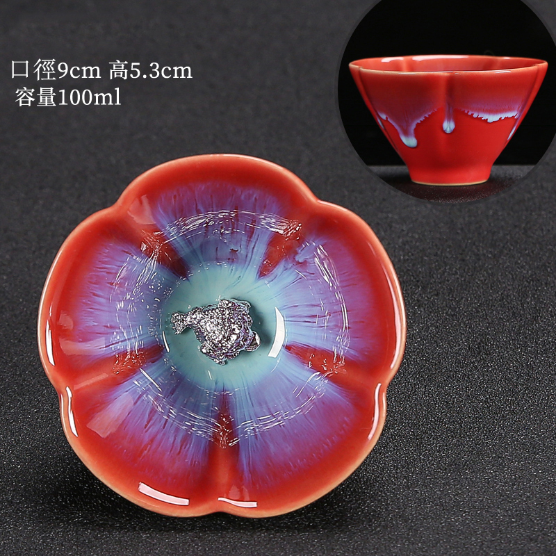 The popular Tianmu glaze kiln turned into a master cup tea cup, hand-made silver tea cup (Kiln turned red-Jin Chan)