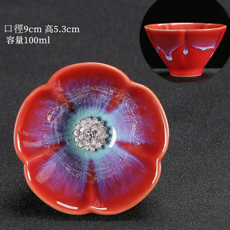 The popular Tianmu glaze kiln turned into a master cup tea cup, hand-made silver tea cup (Kiln turned red - Lotus)